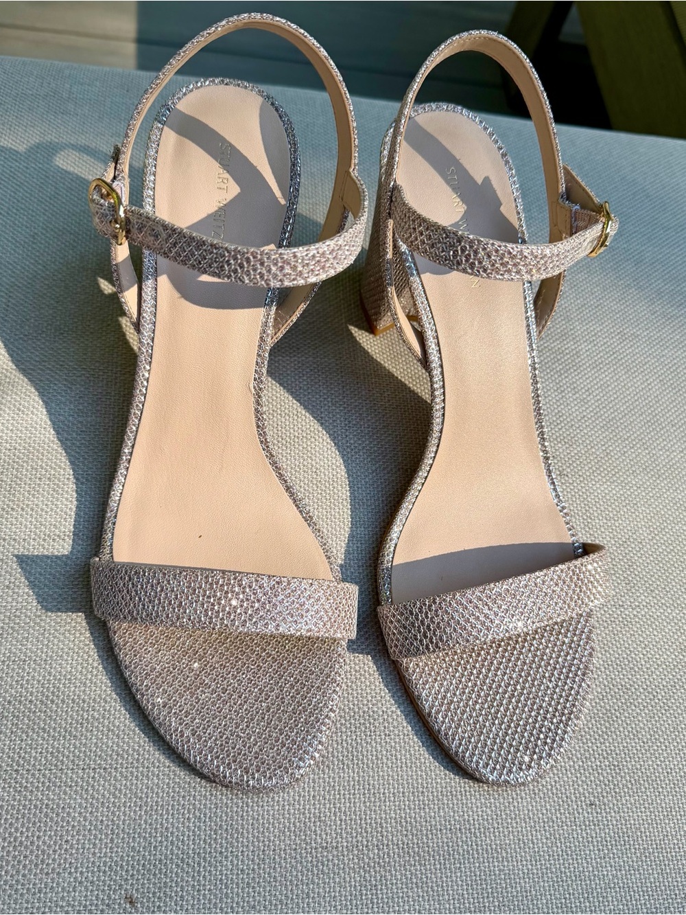 Stuart Weitzman Glitter Block Heel Sandals in Silver Size 11 Wedding Party